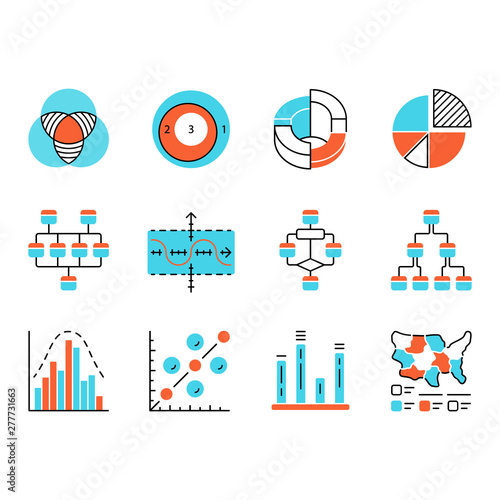 Diagram color icons set. Schematic representation of info. Statistics data visualization. Analytical report. Science, computer technologies, business, finance. Isolated vector illustrations