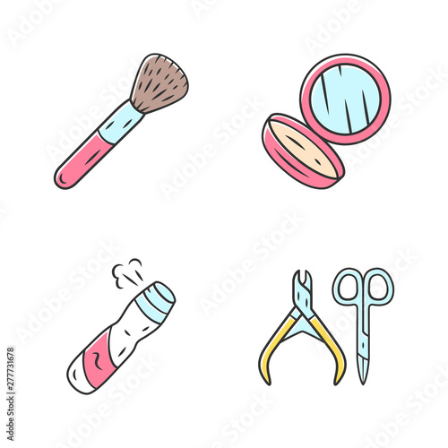 Skin care accessories color icons set. Makeup attributes, feminine hygiene. Beauty salon products isolated vector illustrations. Cosmetic brush, pocket mirror, body spray, nail scissors, nippers