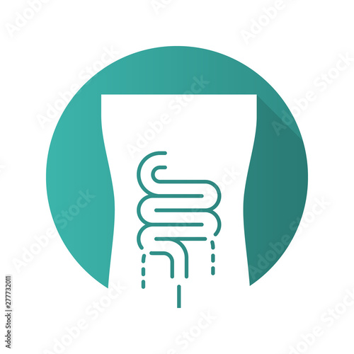 Ill intestines flat design long shadow glyph icon. Sore human organ. People disease. Unhealthy digestive system. Sick internal body part. Gastrointestinal tract. Vector silhouette illustration