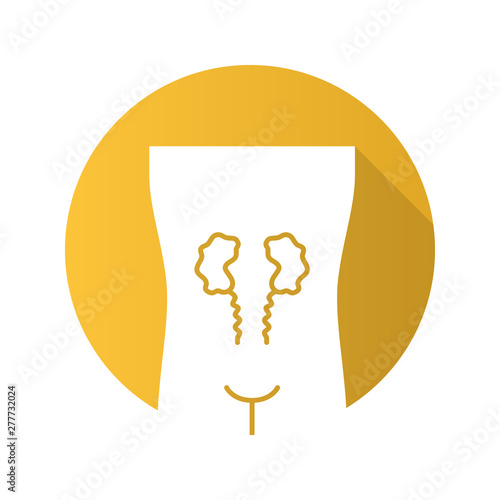 Ill kidneys flat design long shadow glyph icon. Sore human organ. Unhealthy urinary system. Nephropathy. Sick internal body part. Kidney failure. Vector silhouette illustration