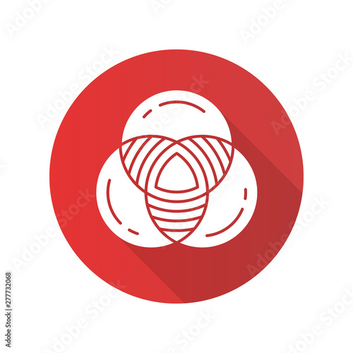 Venn diagram flat design long shadow glyph icon. Primary diagram. Three overlapping closed circles. Representation of relations. Comparisons among discrete categories. Vector silhouette illustration