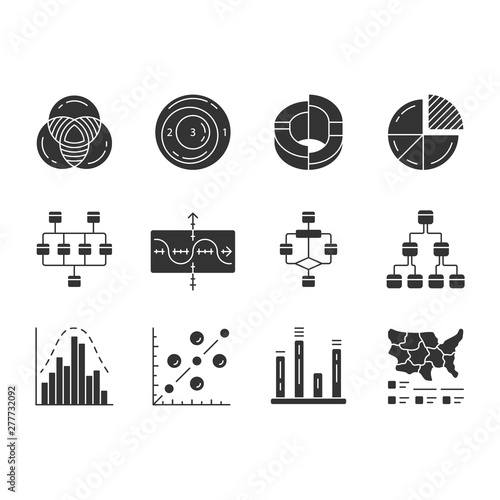 Diagrams glyph icons set. Schematic representation of info. Statistics data visualization. Analytical report. Science, technologies, business, finance. Silhouette symbols. Vector isolated illustration