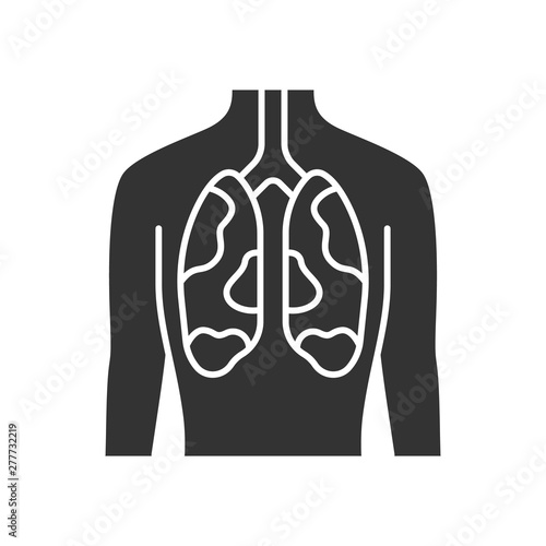 Ill lungs glyph icon. Sore human organ. Tuberculosis, cancer. Unhealthy pulmonary system. Sick internal body part. Respiratory health. Silhouette symbol. Negative space. Vector isolated illustration
