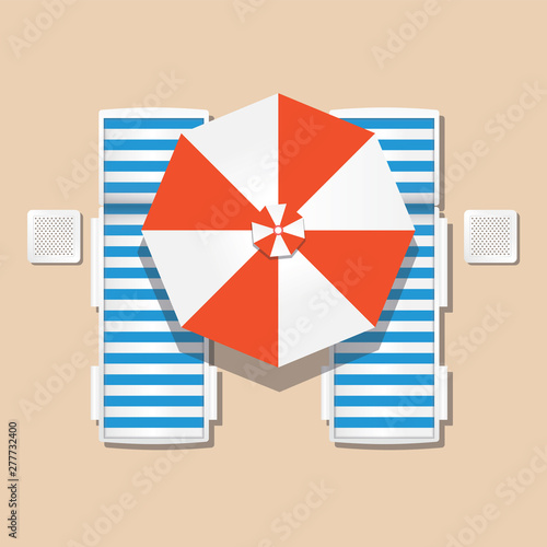 two deckchair and umbrella for beach, blue and red color