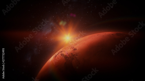 Fototapeta Naklejka Na Ścianę i Meble -  View Onto Planet Mars With Sun In Background