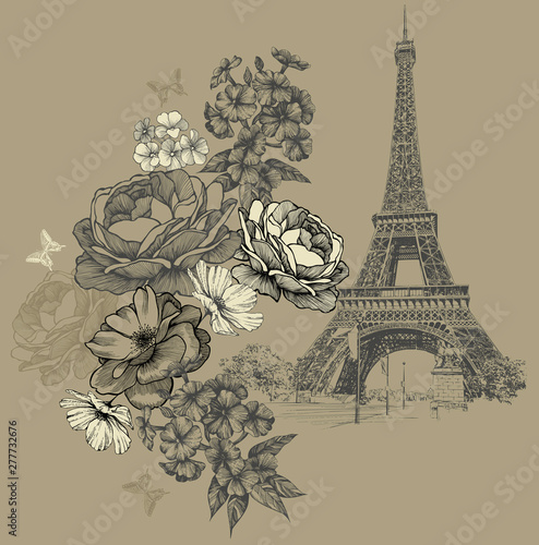 Eiffel Tower in Paris with flowers, vintage background. Hand drawing, vector illustration.
