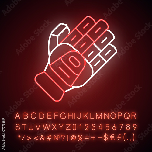Cricket glove neon light icon. Batting glove. Body protection for batsman. Cricketer uniform. Protective motorbike gear. Glowing sign with alphabet, numbers and symbols. Vector isolated illustration