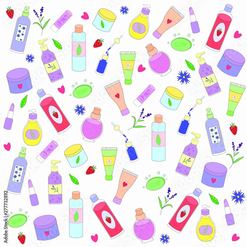 Vector illustration. Colorful, cartoon, cute pattern with different cosmetics. Seamless makeup pattern. White background. 