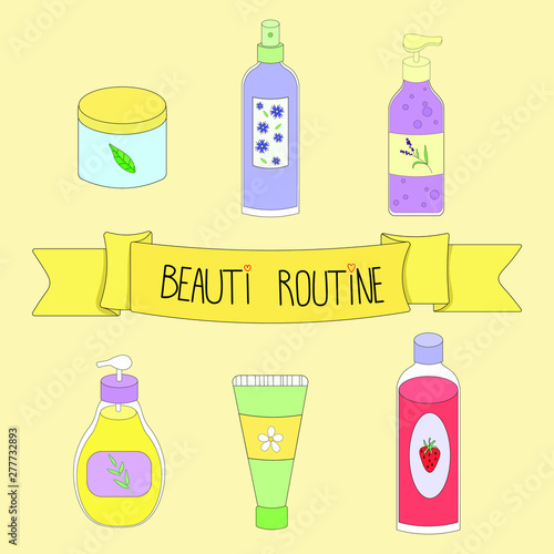 Vector illustration. Cute, cartoon set of cosmetics. Hand drawn makeup set for skincare. Light yellow background. 