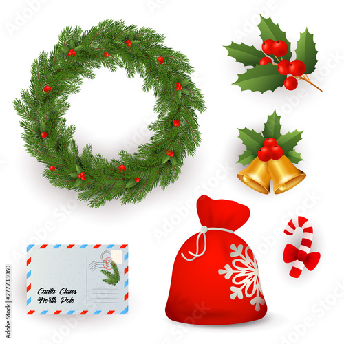 Set of Christmas symbols cartoon illustration. Wreath, mistletoe, jingle bells, candy cane, sack, letter. Christmas concept. Vector illustration can be used for topics like holiday, celebration, event
