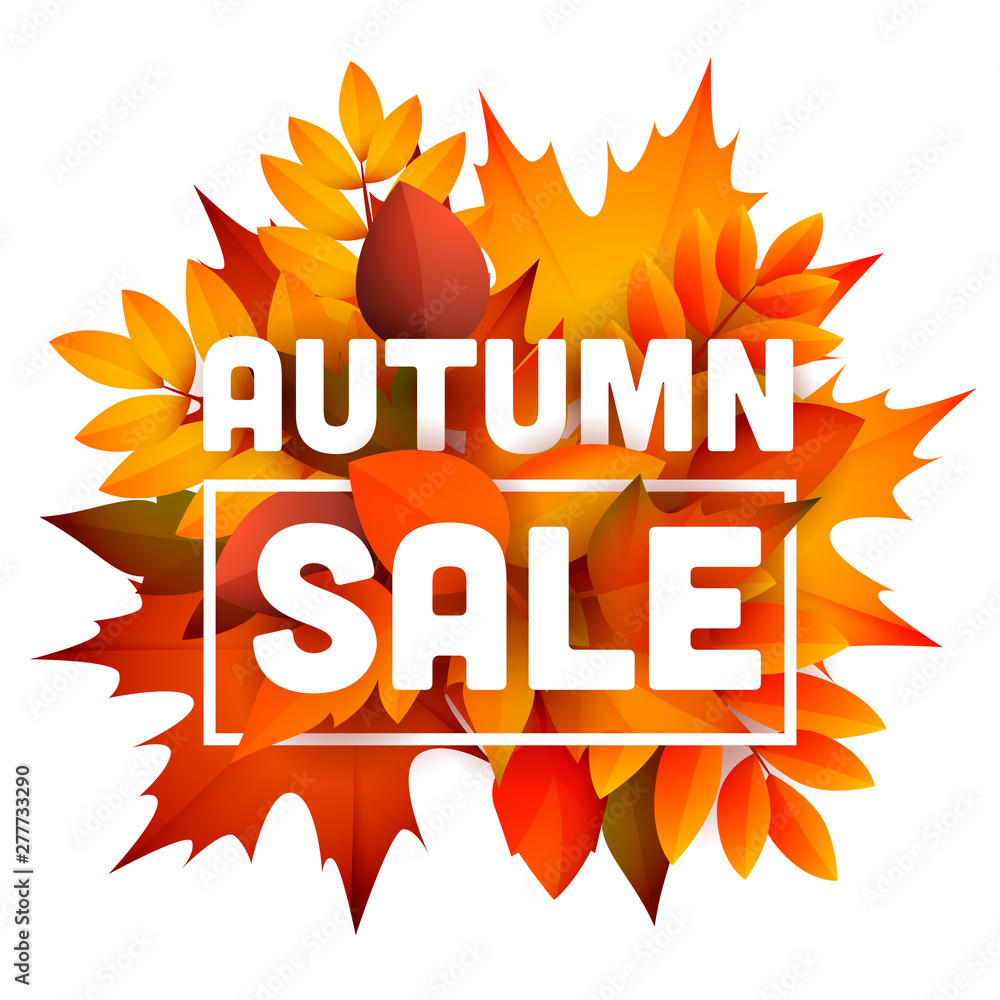 Autumn sale leaflet design with bunch of leaves. Text with frame, orange and yellow fall foliage. Vector illustration can be used for banners, posters, ads, promo Autumn sale leaflet design with bunch of leaves. Text with frame, orange and yellow fall foliage. Vector illustration can be used for banners, posters, ads, promo