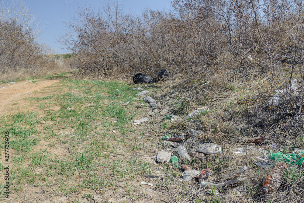 Environmental pollution. People left debris in wildlife. Garbage dump on the grass near the forest polluting nature and city park with litter and junk. Nature protection, care. Ecology. Environmental pollution. People left debris in wildlife. Garbage dump on the grass near the forest polluting nature and city park with litter and junk. Nature protection, care. Ecology.