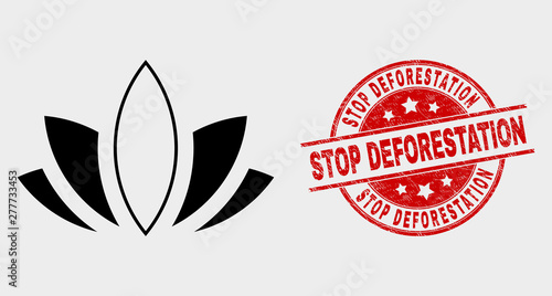 Vector lotus icon and Stop Deforestation stamp. Red round textured stamp with Stop Deforestation text. Vector composition for lotus in flat style. Black isolated lotus icon.