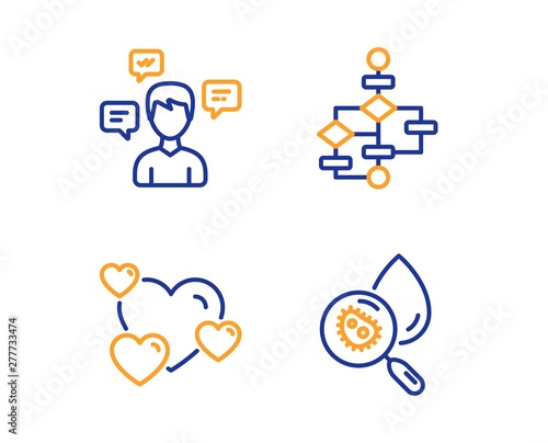 Conversation messages, Heart and Block diagram icons simple set. Water analysis sign. Communication, Love rating, Algorithm path. Aqua bacteria. Technology set. Linear conversation messages icon