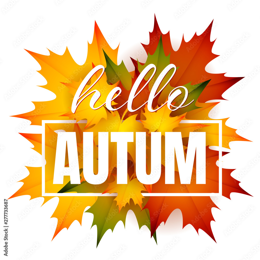 Hello autumn leaflet design with heap of leaves. Text with frame, orange and yellow maple foliage. Vector illustration can be used for banners, brochures, greeting cards Hello autumn leaflet design with heap of leaves. Text with frame, orange and yellow maple foliage. Vector illustration can be used for banners, brochures, greeting cards
