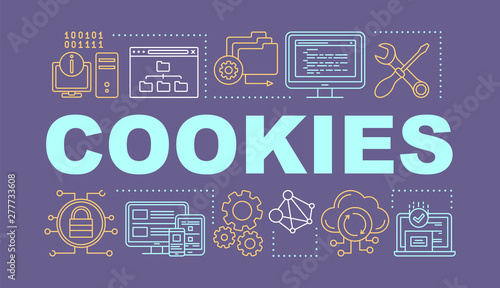 Cookies word concepts banner. Affiliate and referral tracking software. Computing, data storage. Presentation, website. Isolated lettering typography idea, linear icons. Vector outline illustration