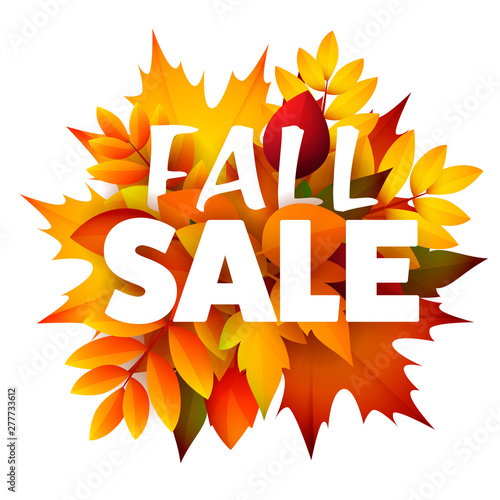 Fall sale seasonal leaflet design with bunch of leaves. Text with orange, red and yellow autumn foliage. Vector illustration can be used for banners, posters, ads, promo
