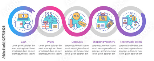 Referral rewards vector infographic template. Business presentation design elements. Data visualization with five steps and options. Process timeline chart. Workflow layout with linear icons