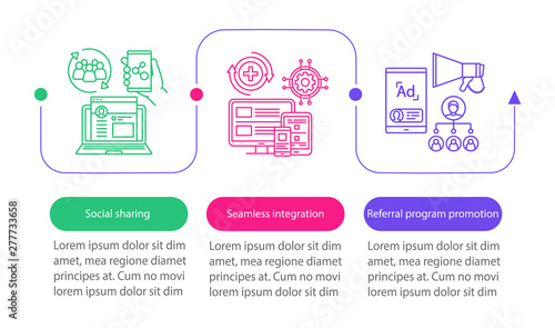 Referral program key items vector infographic template. Business presentation design elements. Data visualization with five steps and options. Process timeline chart. Workflow layout with linear icons