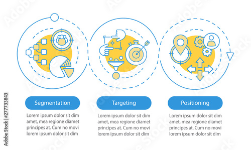 STP infographic template. Business presentation design elements. market strategy. Data visualization with 3 steps and options. Process timeline chart. Workflow layout with linear icons