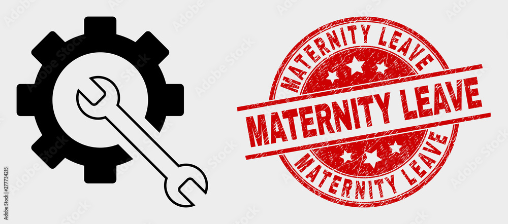 Vector service tools pictogram and Maternity Leave seal stamp. Red rounded textured stamp with Maternity Leave text. Vector combination for service tools in flat style. Vector service tools pictogram and Maternity Leave seal stamp. Red rounded textured stamp with Maternity Leave text. Vector combination for service tools in flat style.