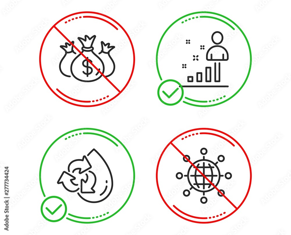 Do or Stop. Recycle water, Check investment and Stats icons simple set. International globe sign. Refill aqua, Business report, Business analysis. World networking. Technology set. Vector Do or Stop. Recycle water, Check investment and Stats icons simple set. International globe sign. Refill aqua, Business report, Business analysis. World networking. Technology set. Vector