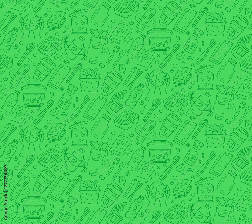 Zero waste kitchen items vector seamless pattern. Reusable and recyclable kitchenware green background with linear icons. Eco household utensil texture. Wallpaper, textile, wrapping paper design