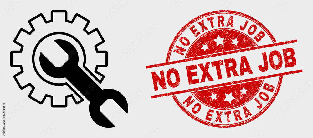 Vector setup tools pictogram and No Extra Job watermark. Red rounded distress watermark with No Extra Job caption. Vector composition for setup tools in flat style. Black isolated setup tools symbol. Vector setup tools pictogram and No Extra Job watermark. Red rounded distress watermark with No Extra Job caption. Vector composition for setup tools in flat style. Black isolated setup tools symbol.