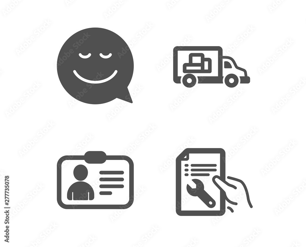 Set of Smile, Truck transport and Id card icons. Repair document sign. Chat emotion, Delivery, Human document. Spanner tool. Classic design smile icon. Flat design. Vector Set of Smile, Truck transport and Id card icons. Repair document sign. Chat emotion, Delivery, Human document. Spanner tool. Classic design smile icon. Flat design. Vector