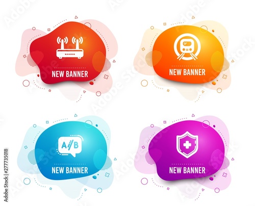 Liquid badges. Set of Ab testing, Wifi and Metro subway icons. Medical shield sign. Test chat, Internet router, Underground. Medicine protection.  Gradient ab testing icon. Flyer fluid design. Vector