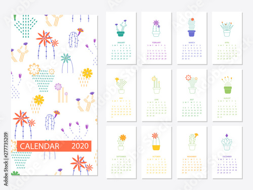 Calendar 2020 set with cactus succulents in minimalistic 