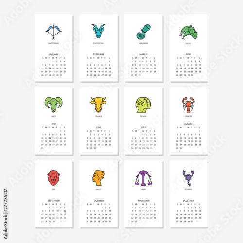 Calendar 2020 with horoscope signs zodiac symbols set