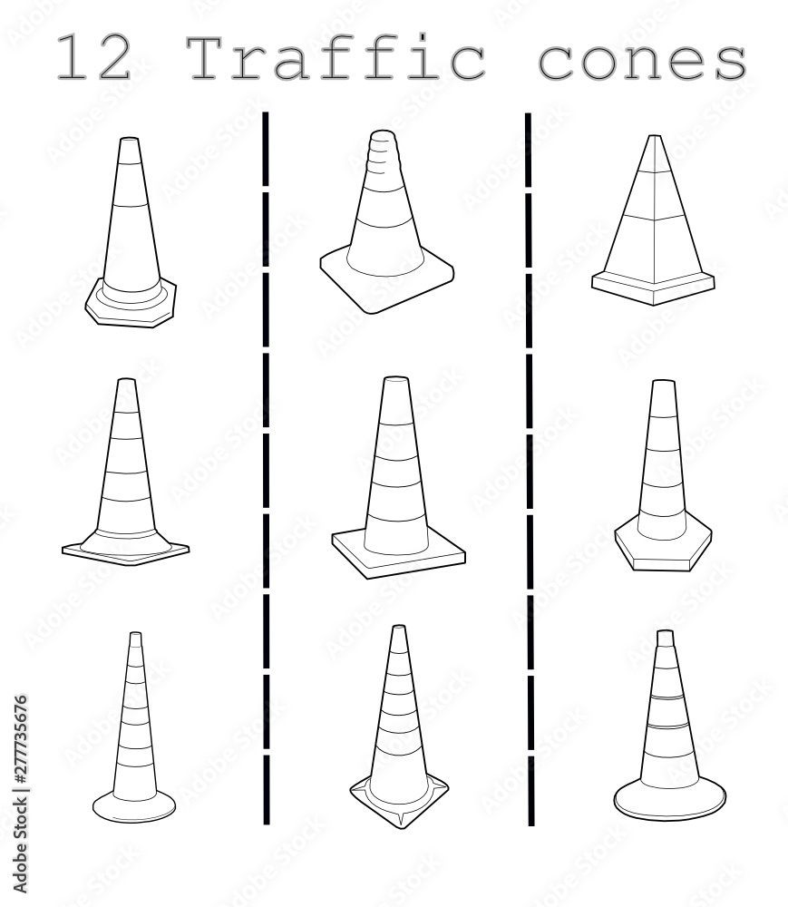 Set of the outline vector illustrations of 12 traffic cones Set of the outline vector illustrations of 12 traffic cones