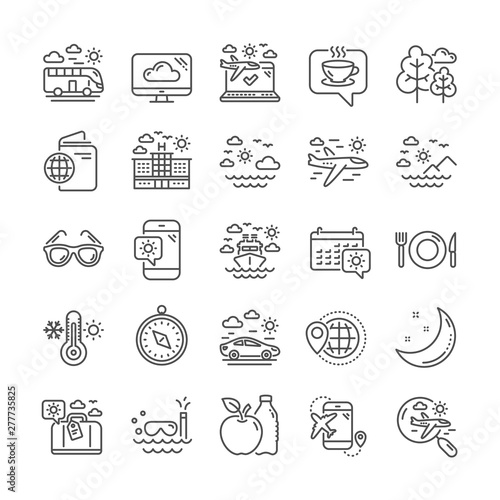 Travel line icons. Passport  Check in airport  Luggage icons. Airplane flight  Sunglasses  Hotel building. Passport check in document  Sea diving. Restaurant hotel food  luggage travel. Vector