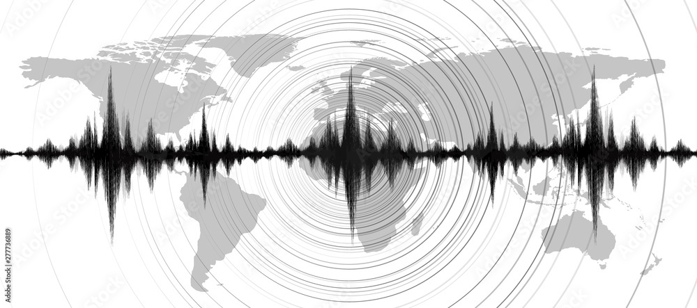 Mini Earthquake Wave with Circle Vibration on World map background,audio digital diagram concept,design for education and science,Vector Illustration.
