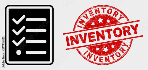 Vector task list page pictogram and Inventory seal stamp. Red round textured stamp with Inventory text. Vector composition for task list page in flat style. Black isolated task list page pictogram.