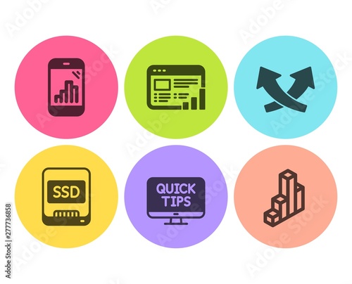 Ssd, Graph phone and Web tutorials icons simple set. Intersection arrows, Web report and 3d chart signs. Memory disk, Mobile statistics. Science set. Flat ssd icon. Circle button. Vector