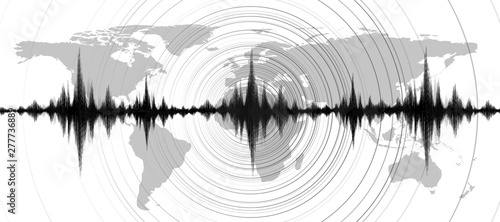 Mini Earthquake Wave with Circle Vibration on World map background,audio digital diagram concept,design for education and science,Vector Illustration. photo