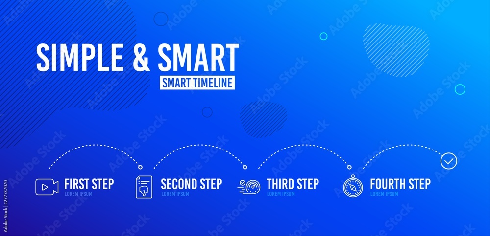 Infographic timeline. Thumb down, Speedometer and Video camera icons simple set. Travel compass sign. Decline file, Time concept, Movie or cinema. Trip destination. Technology set. Vector Infographic timeline. Thumb down, Speedometer and Video camera icons simple set. Travel compass sign. Decline file, Time concept, Movie or cinema. Trip destination. Technology set. Vector