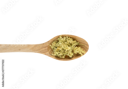 Dried herbal medicine Filipendula ulmaria, meadowsweet or mead wort, queen of the meadow, pride of the meadow, meadow-wort, meadow queen,  dollof, meadsweet on wood spoon, isolated on white. photo