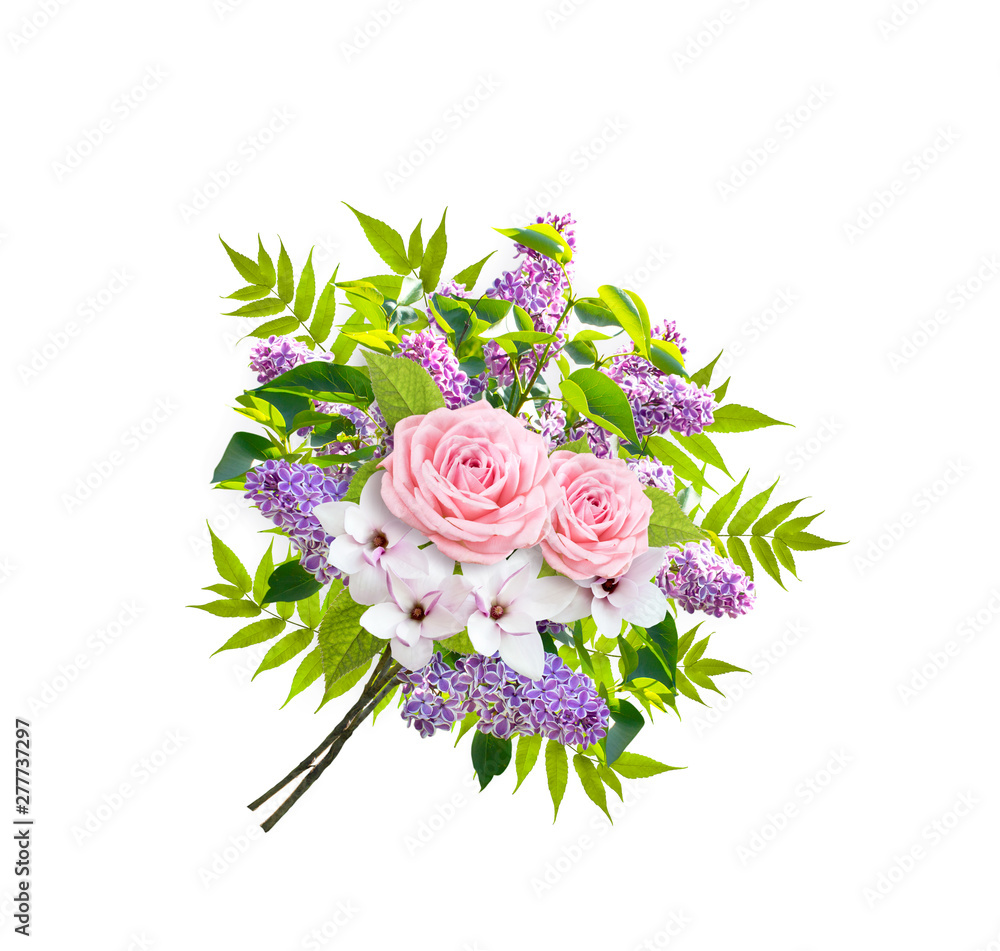 Obraz Beautiful floral bouquet consists of lilacs flowers, roses and magnolia isolated on white background
