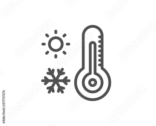 Weather thermometer line icon. Winter snowflake, sun sign. Temperature symbol. Quality design element. Linear style weather thermometer icon. Editable stroke. Vector