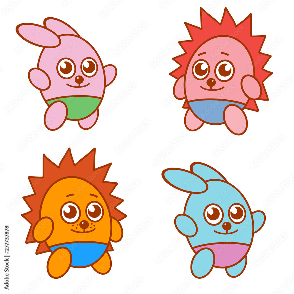 Set of funny cartoon animals in shorts on a white background: bunnies and hedgehogs in blue, pink and orange. Set of funny cartoon animals in shorts on a white background: bunnies and hedgehogs in blue, pink and orange.