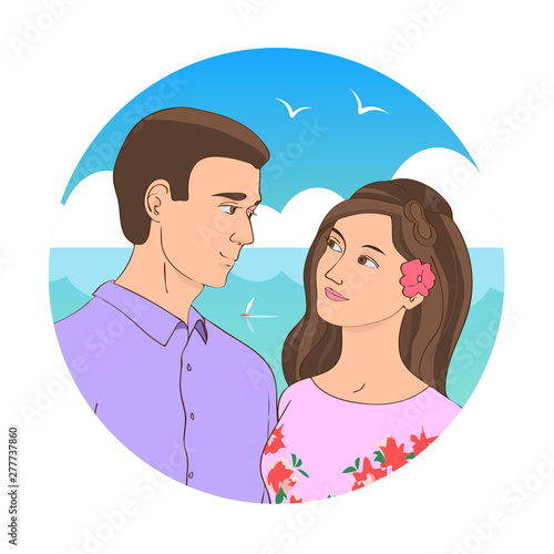 Drawn beautiful brunette guy and blonde girl tenderly look at each other. Blue sea resort background.