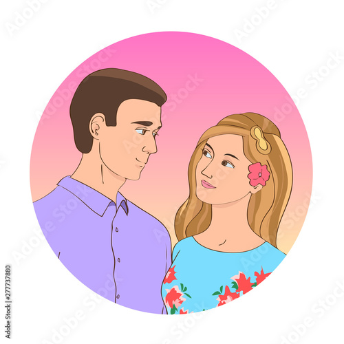 Drawn beautiful brunette guy and blonde girl tenderly look at each other. Pink background