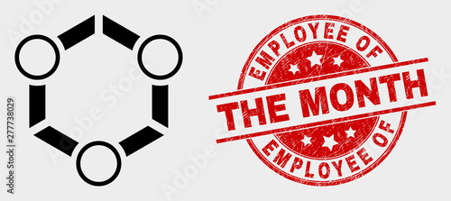 Vector cooperation icon and Employee of the Month stamp. Red round distress stamp with Employee of the Month text. Vector composition for cooperation in flat style. Black isolated cooperation icon.