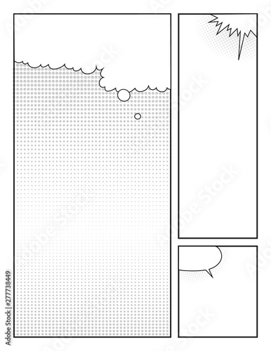 black and white comic book template with halftone effects and speech bubbles