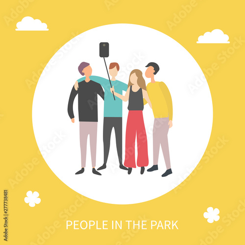 People in park vector, man and woman taking photo on smartphone with help of selfie stick and camera, banner with clouds and friends youth flat style