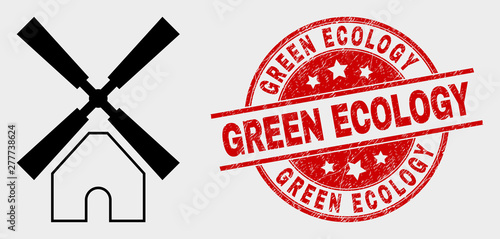 Vector windmill icon and Green Ecology seal stamp. Red rounded scratched seal stamp with Green Ecology caption. Vector composition for windmill in flat style. Black isolated windmill icon.
