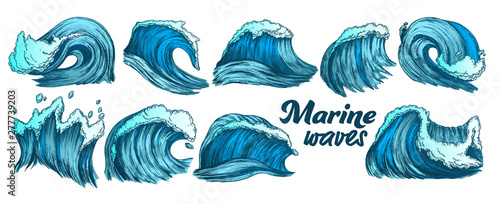 Designed Sketch Splash Marine Wave Set Vector. Collection Of Different Enormous Huge Breaking Ocean Sea Storm Water Wave With Foam. Nature Aquatic Tsunami Color Illustrations